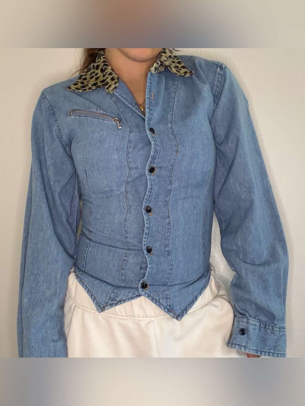 Vintage Bill Blass Denim Cheetah Collar Top
